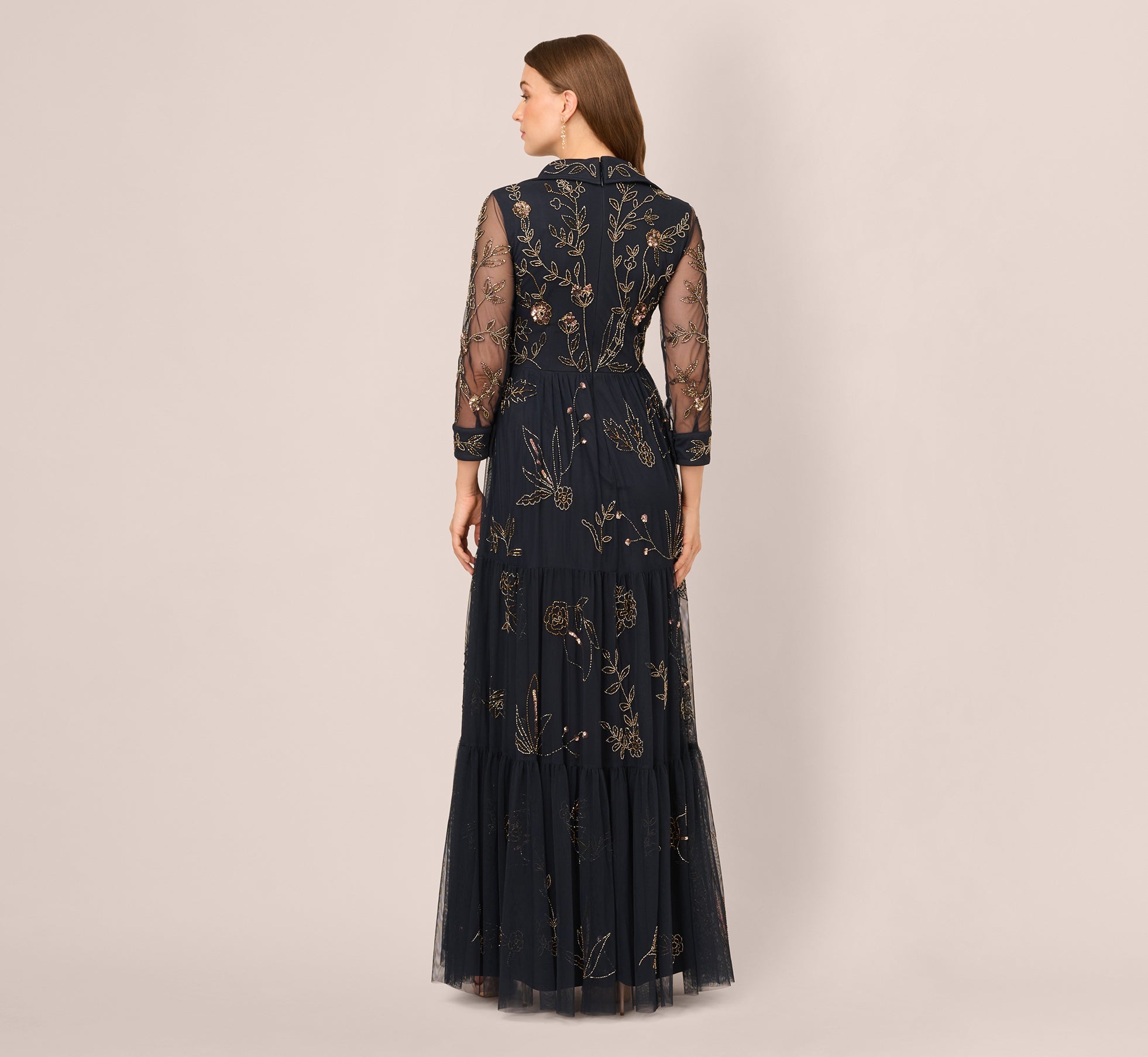 Three Quarter Sleeve Collared Floral Beaded Gown In Midnight Multi