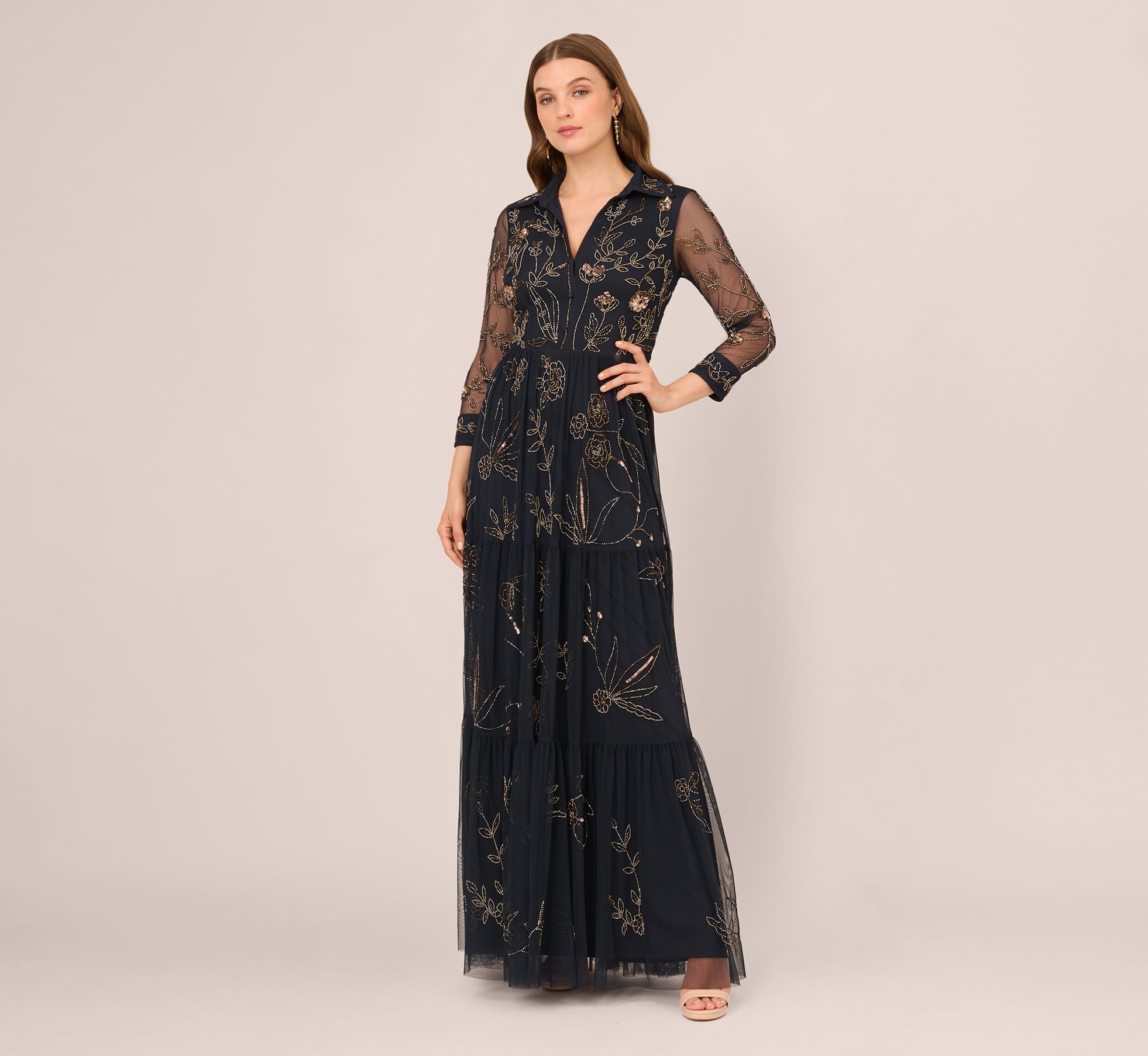Three Quarter Sleeve Collared Floral Beaded Gown In Midnight Multi
