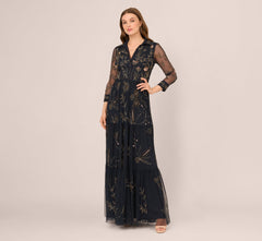 Three Quarter Sleeve Collared Floral Beaded Gown In Midnight Multi