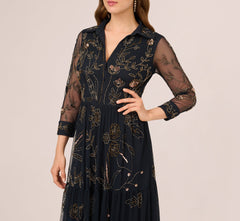 Three Quarter Sleeve Collared Floral Beaded Gown In Midnight Multi