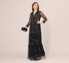 Three Quarter Sleeve Collared Floral Beaded Gown In Midnight Multi