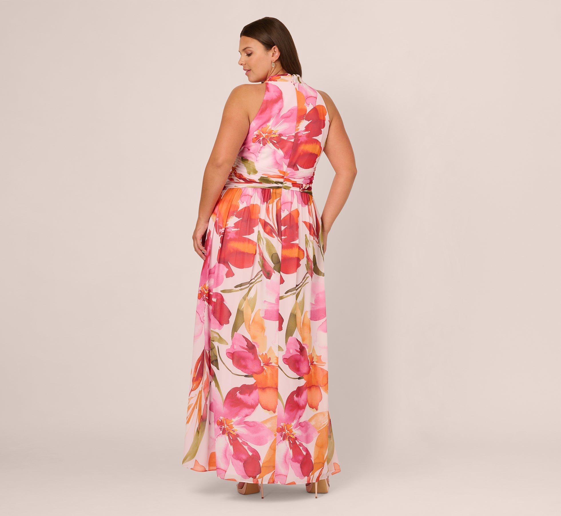 Plus Size Sleeveless Surplice Floral Chiffon Gown In Pink Orange Multi