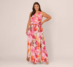 Plus Size Sleeveless Surplice Floral Chiffon Gown In Pink Orange Multi
