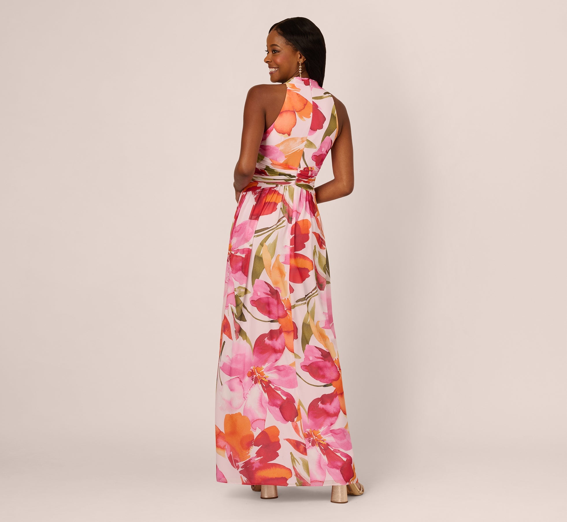 Sleeveless Surplice Floral Chiffon Gown In Pink Orange Multi