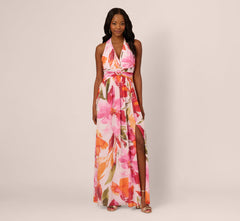 Sleeveless Surplice Floral Chiffon Gown In Pink Orange Multi