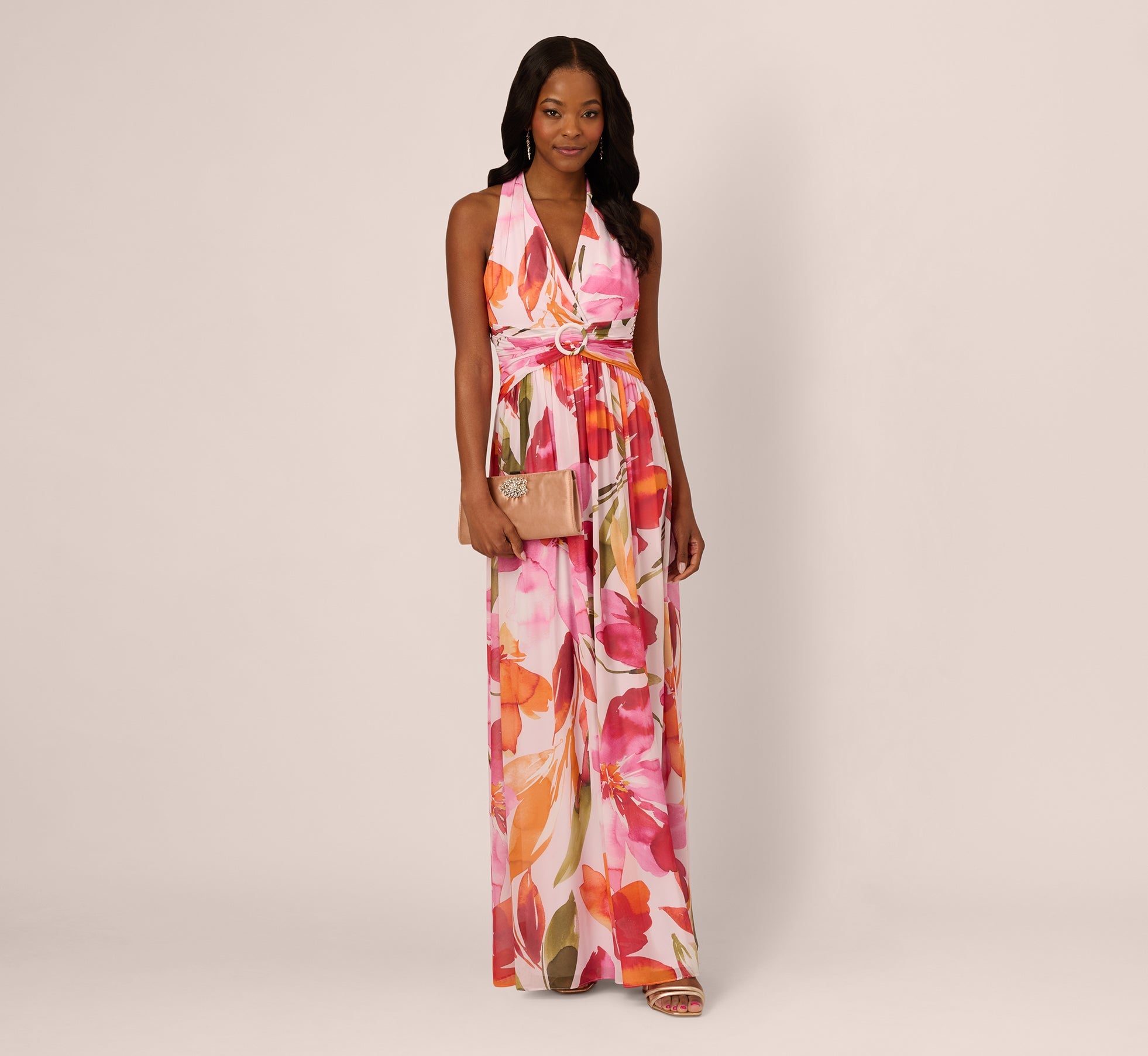 Sleeveless Surplice Floral Chiffon Gown In Pink Orange Multi