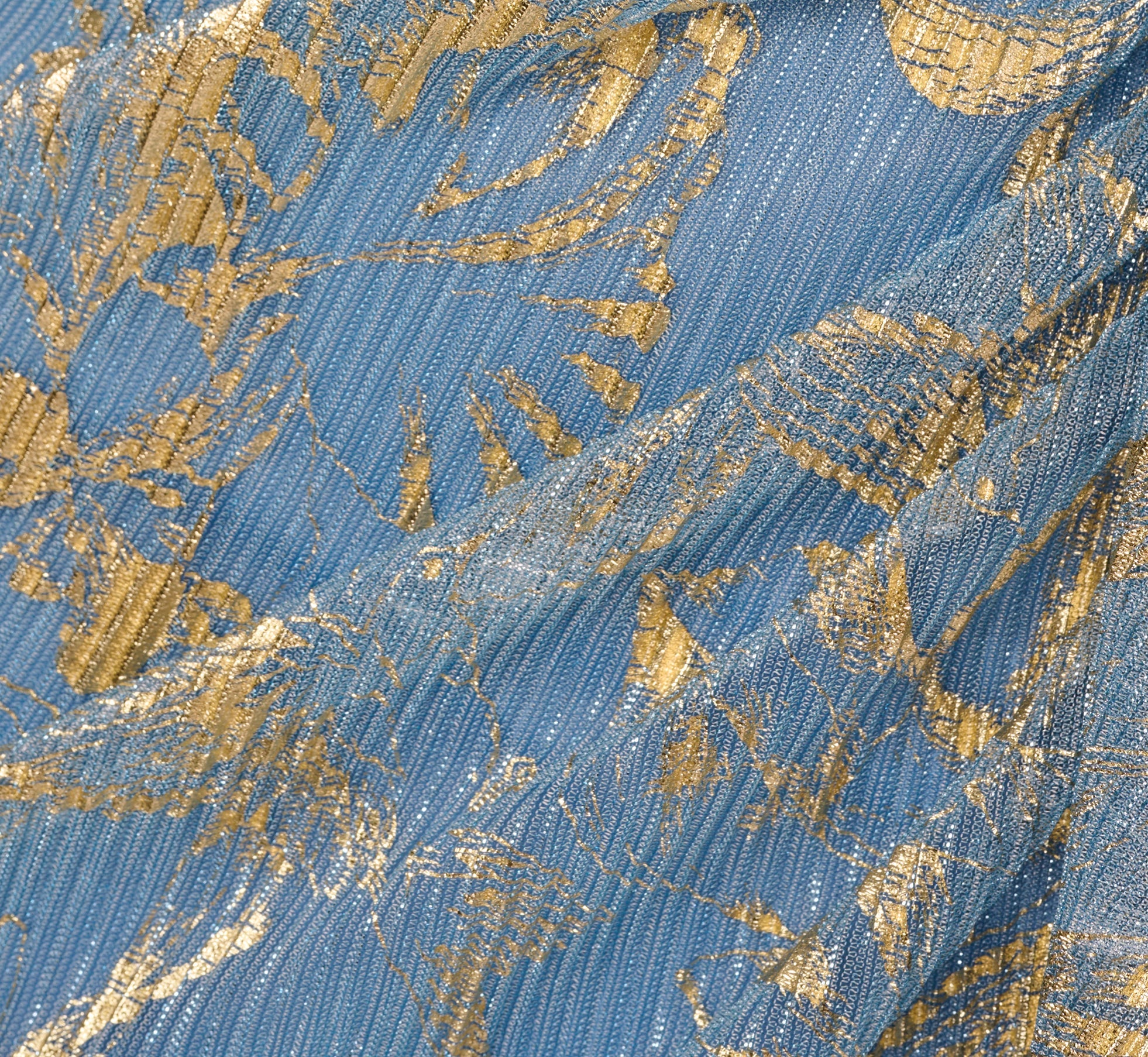 Metallic Crinkle Keyhole Halter Gown In Light Blue Gold