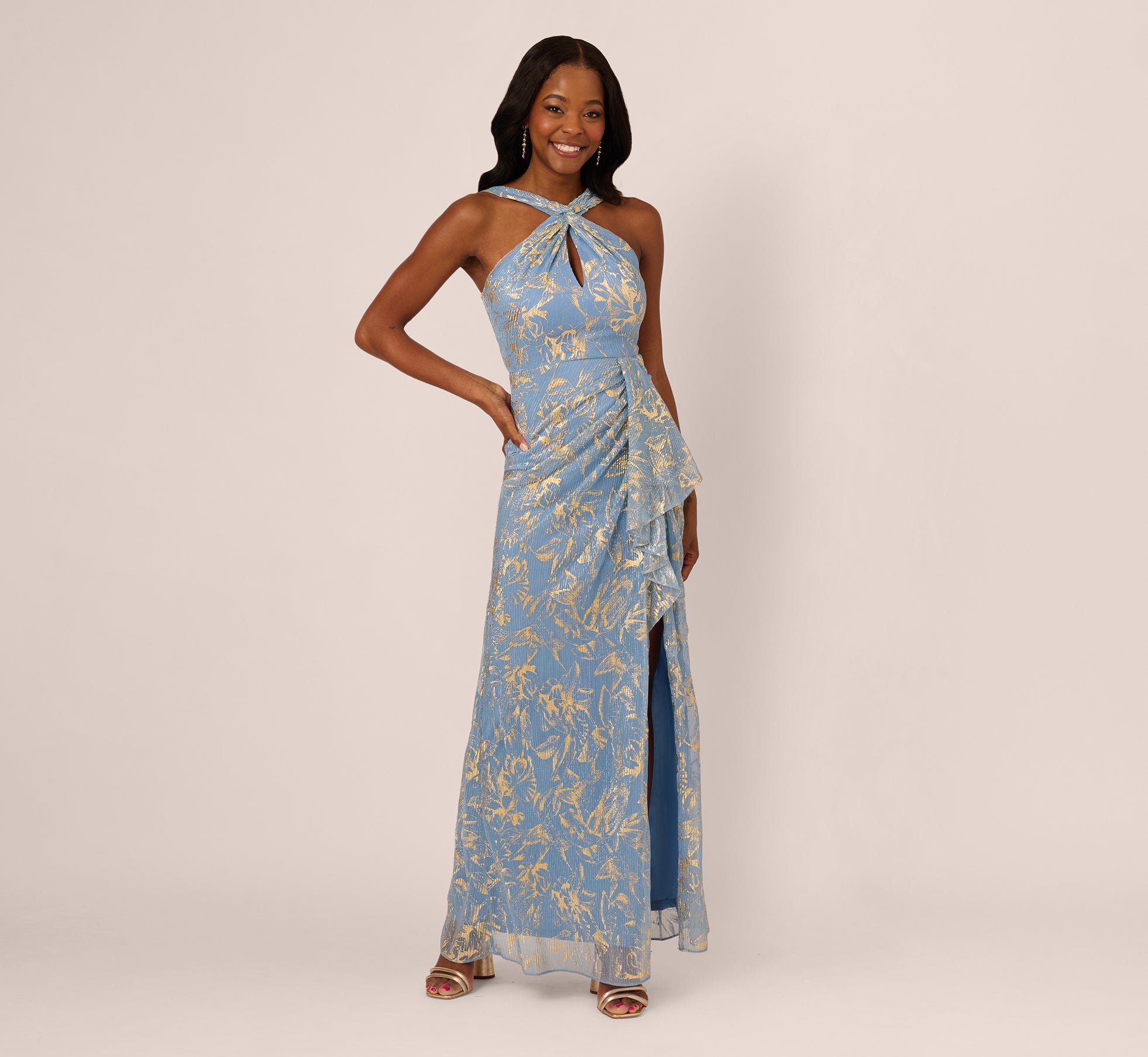 Metallic Crinkle Keyhole Halter Gown In Light Blue Gold