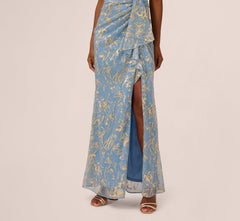 Metallic Crinkle Keyhole Halter Gown In Light Blue Gold