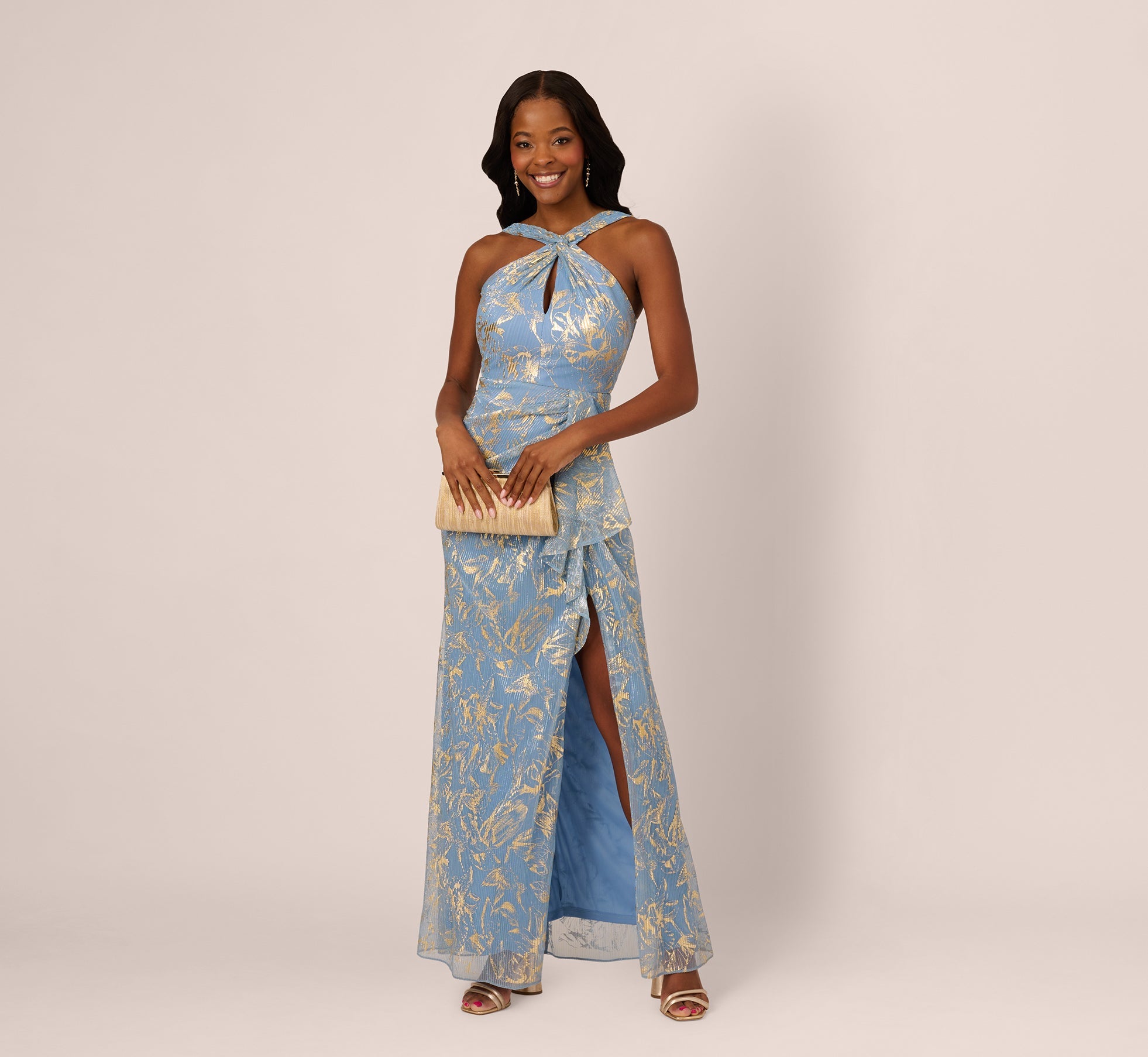 Metallic Crinkle Keyhole Halter Gown In Light Blue Gold