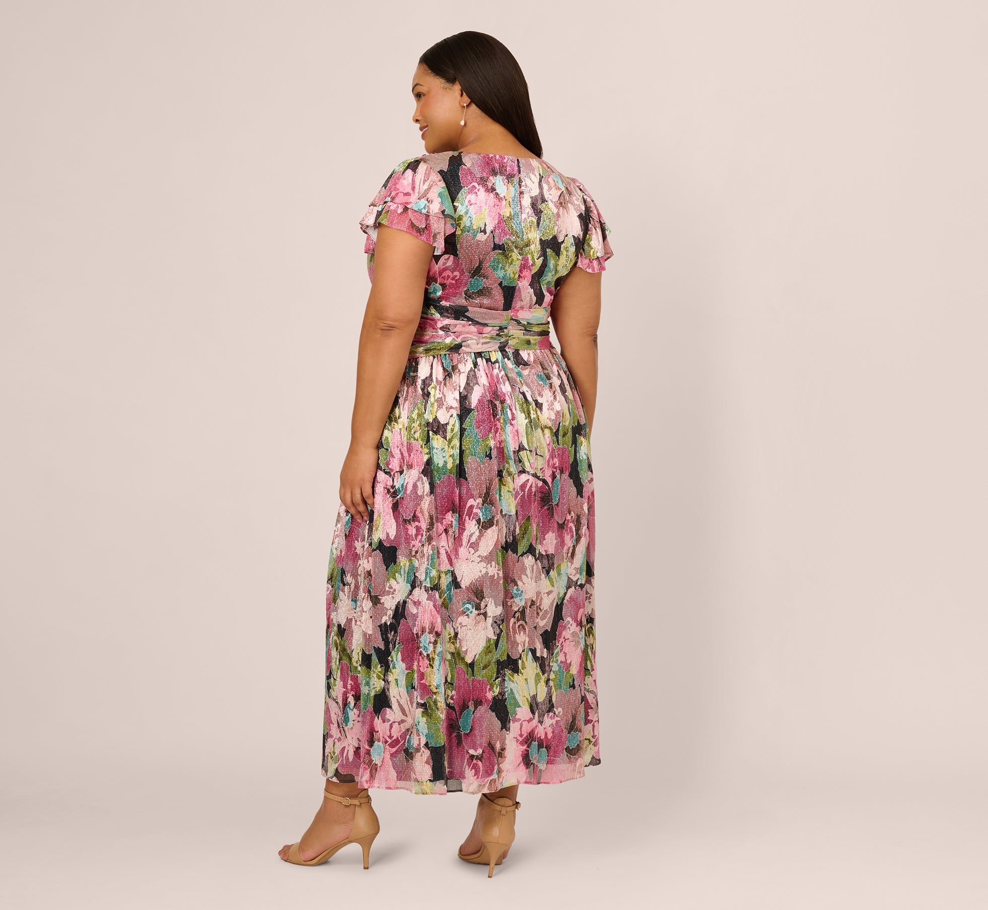 Plus Size Flutter Sleeve Metallic Floral Gown In Navy Pink Multi