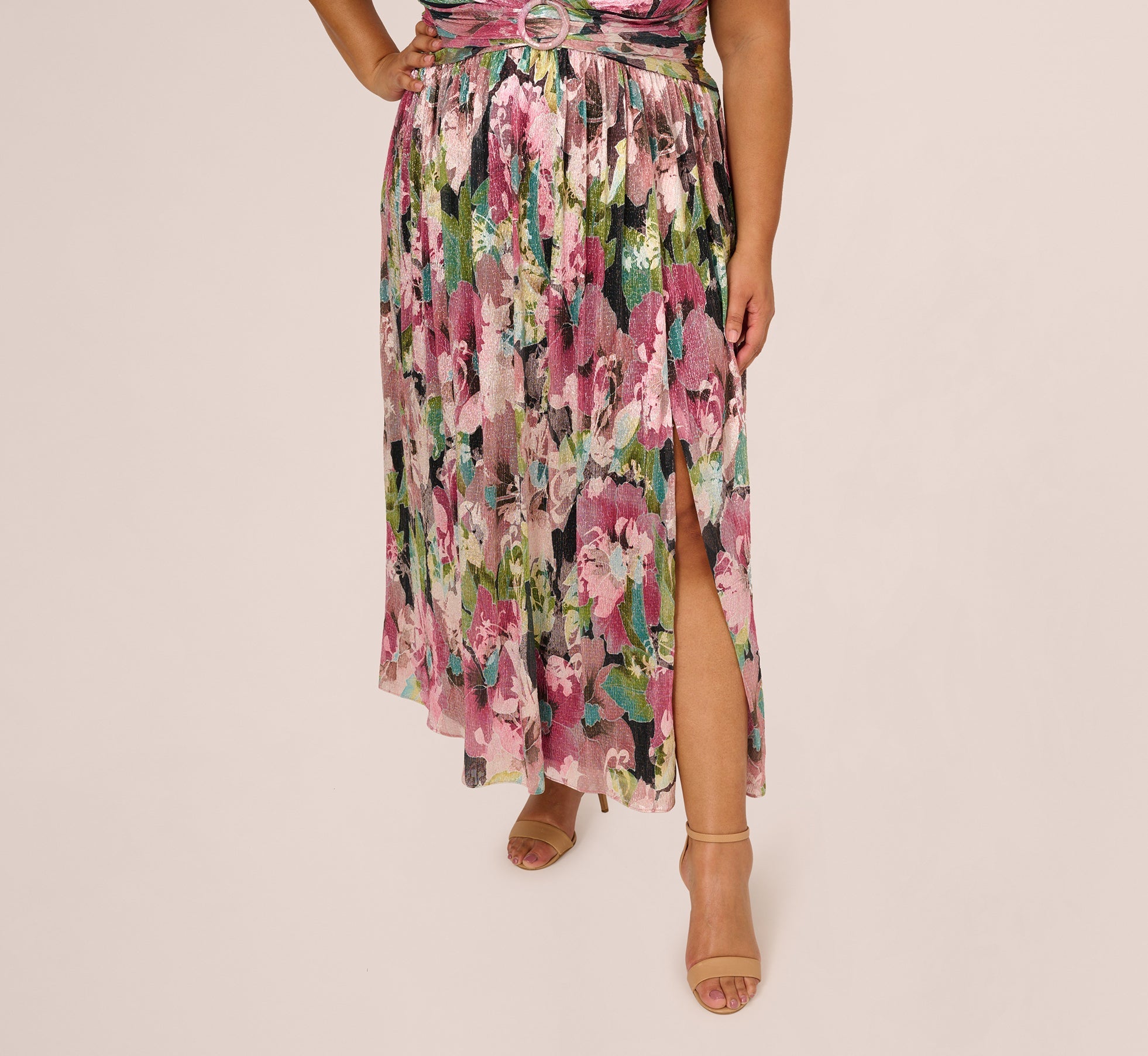 Plus Size Flutter Sleeve Metallic Floral Gown In Navy Pink Multi