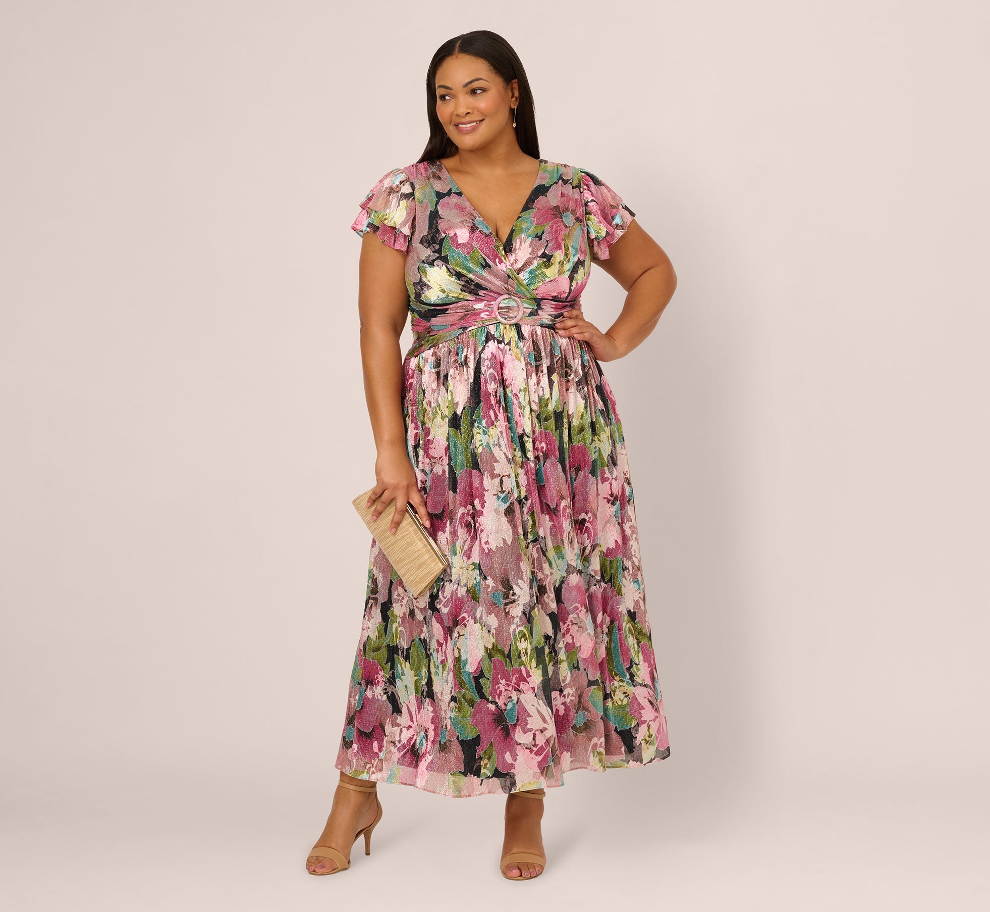 Plus Size Flutter Sleeve Metallic Floral Gown In Navy Pink Multi