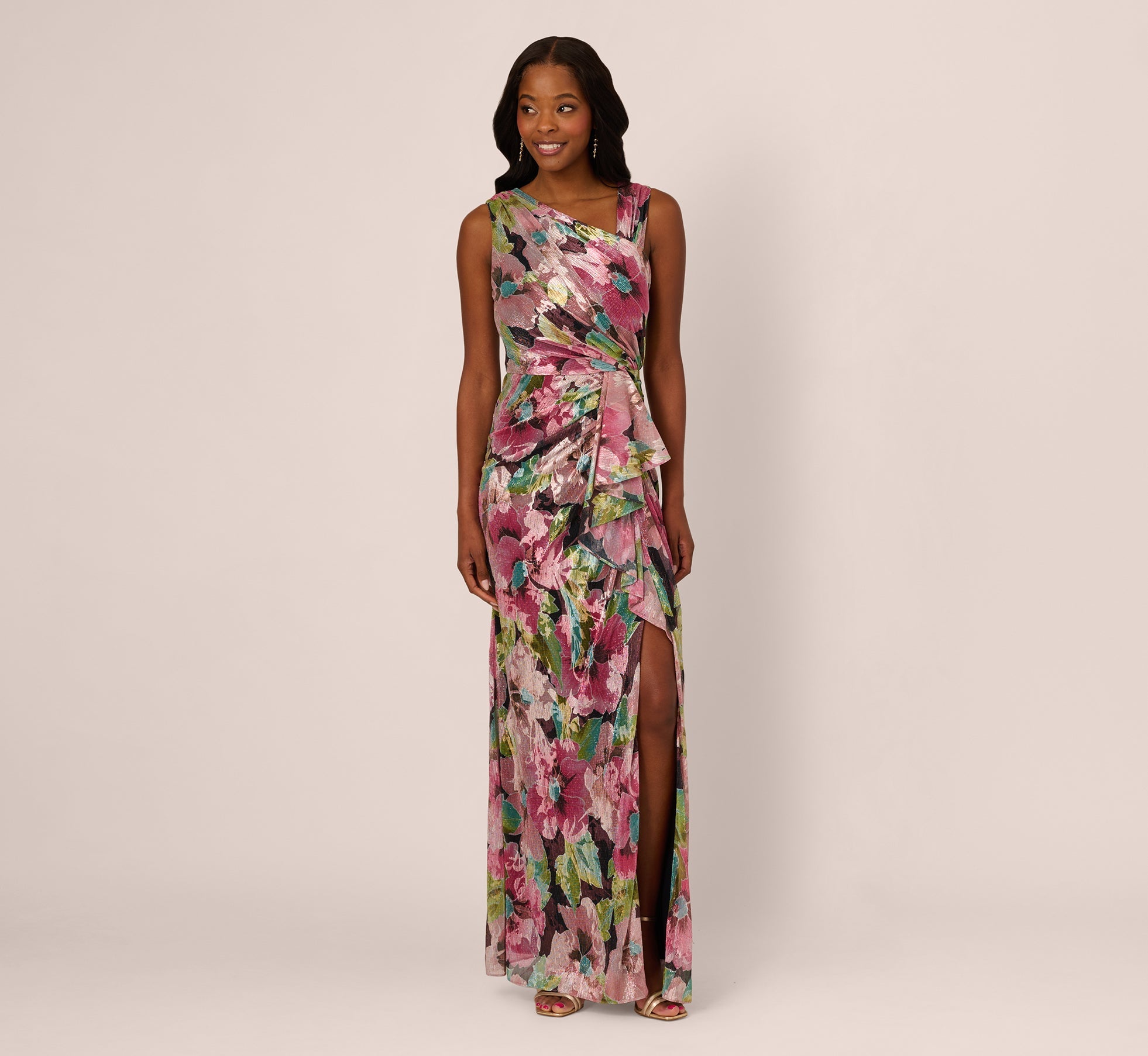 Sleeveless Asymmetrical Metallic Floral Gown In Navy Pink Multi