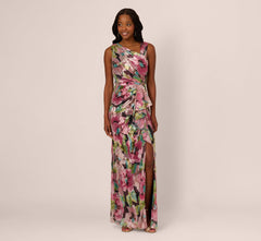 Sleeveless Asymmetrical Metallic Floral Gown In Navy Pink Multi
