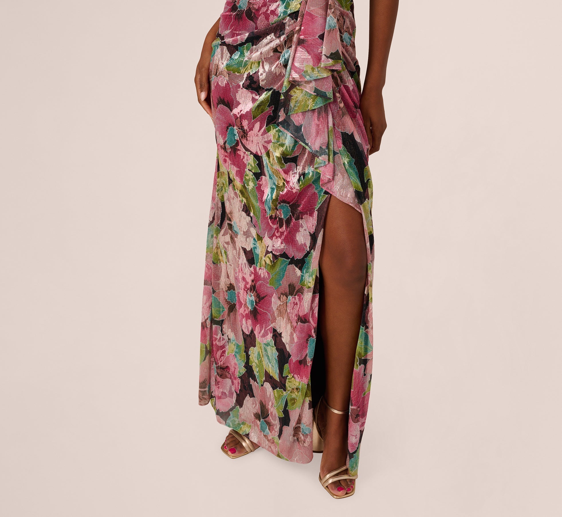 Sleeveless Asymmetrical Metallic Floral Gown In Navy Pink Multi
