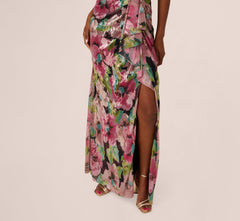 Sleeveless Asymmetrical Metallic Floral Gown In Navy Pink Multi