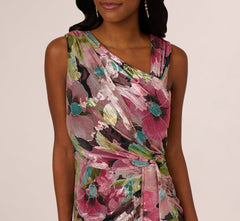 Sleeveless Asymmetrical Metallic Floral Gown In Navy Pink Multi