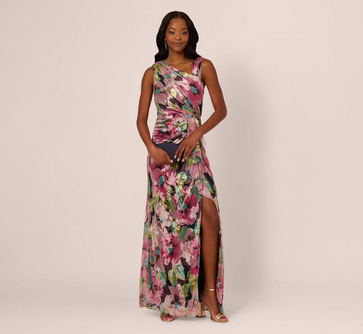 Sleeveless Asymmetrical Metallic Floral Gown In Navy Pink Multi