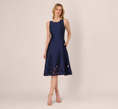 Sleeveless Taffeta Floral Cutwork Midi Dress In Light Navy