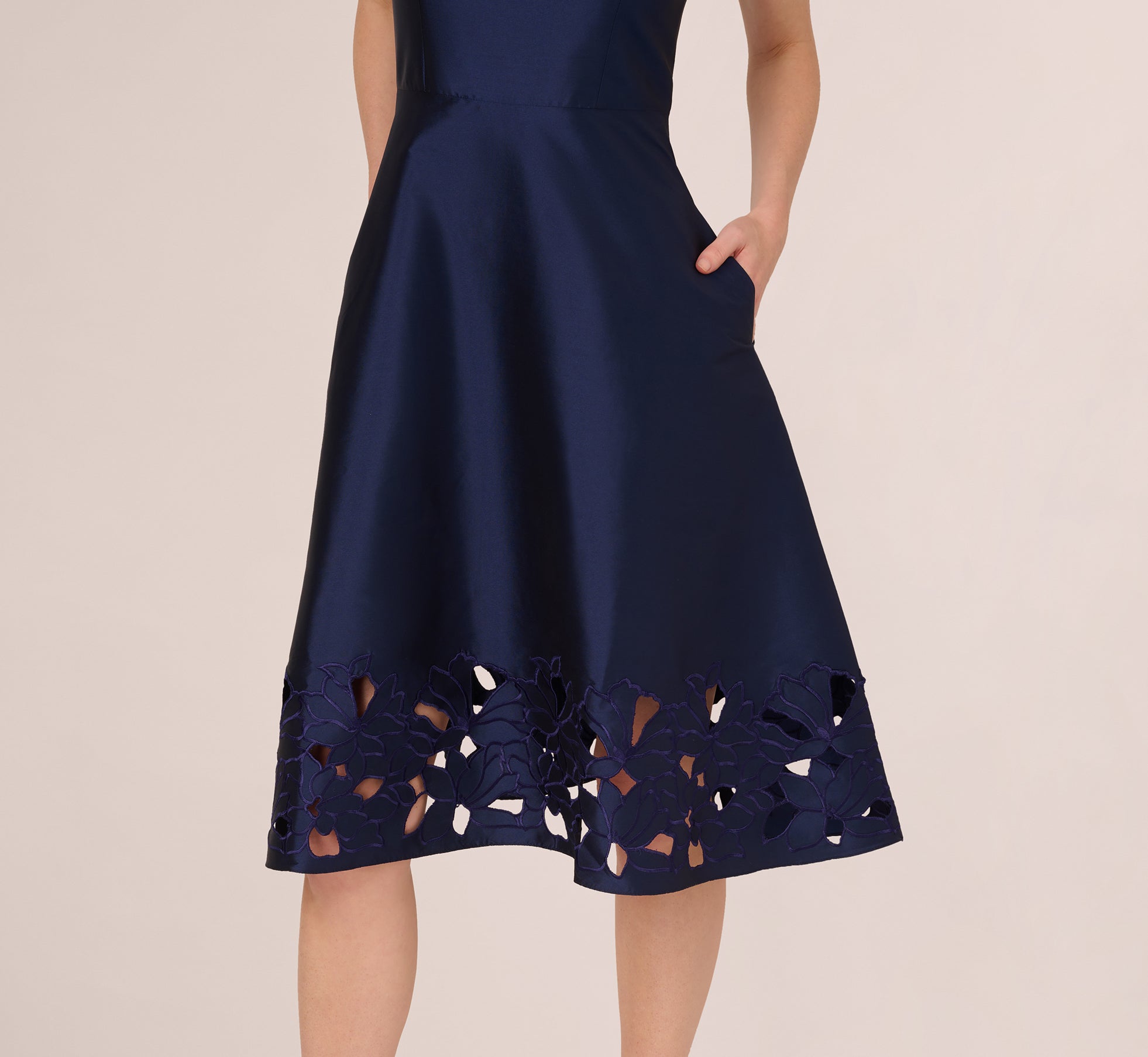 Sleeveless Taffeta Floral Cutwork Midi Dress In Light Navy