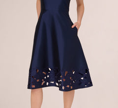 Sleeveless Taffeta Floral Cutwork Midi Dress In Light Navy
