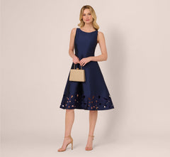 Sleeveless Taffeta Floral Cutwork Midi Dress In Light Navy