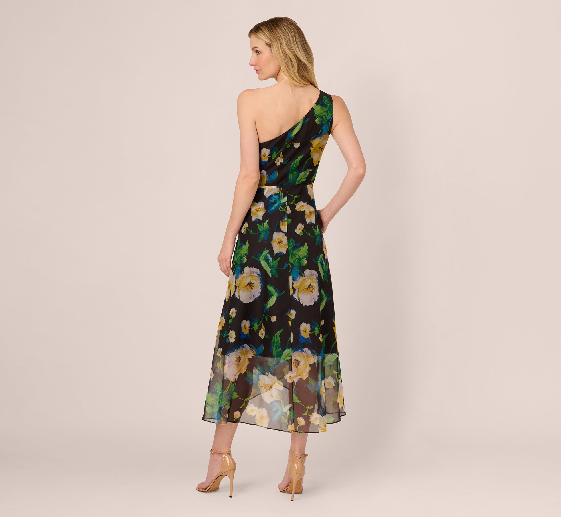One Shoulder Floral Chiffon High Low Midi Dress In Black Yellow Multi