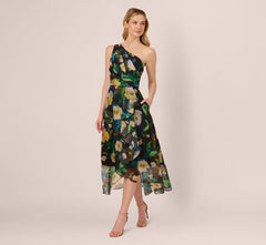 One Shoulder Floral Chiffon High Low Midi Dress In Black Yellow Multi
