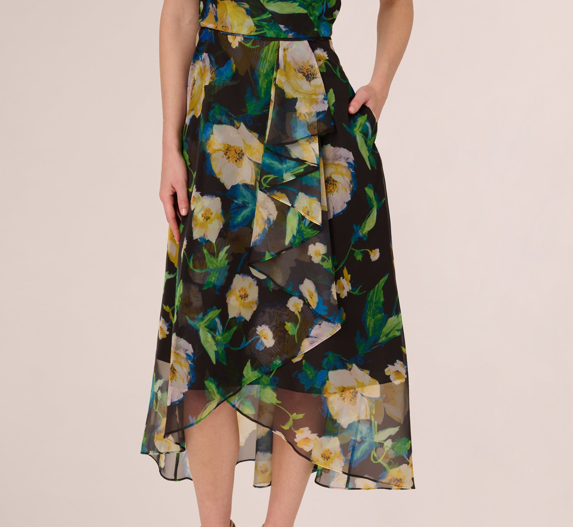 One Shoulder Floral Chiffon High Low Midi Dress In Black Yellow Multi