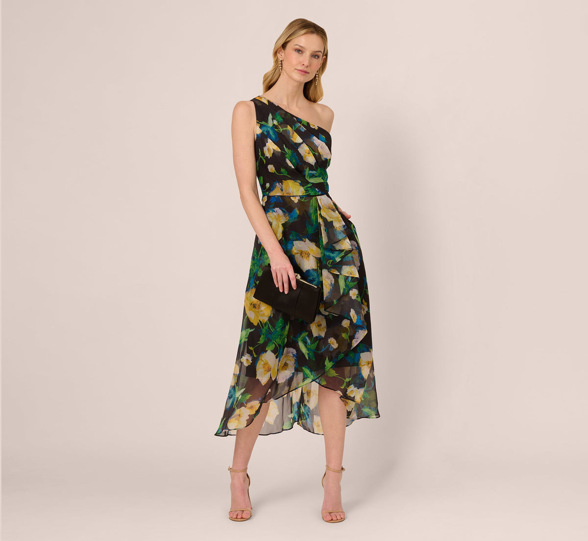 One Shoulder Floral Chiffon High Low Midi Dress In Black Yellow Multi