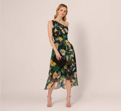 One Shoulder Floral Chiffon High Low Midi Dress In Black Yellow Multi