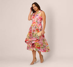 Plus Size Sleeveless Floral Organza Collared High Low Dress In Pink Multi