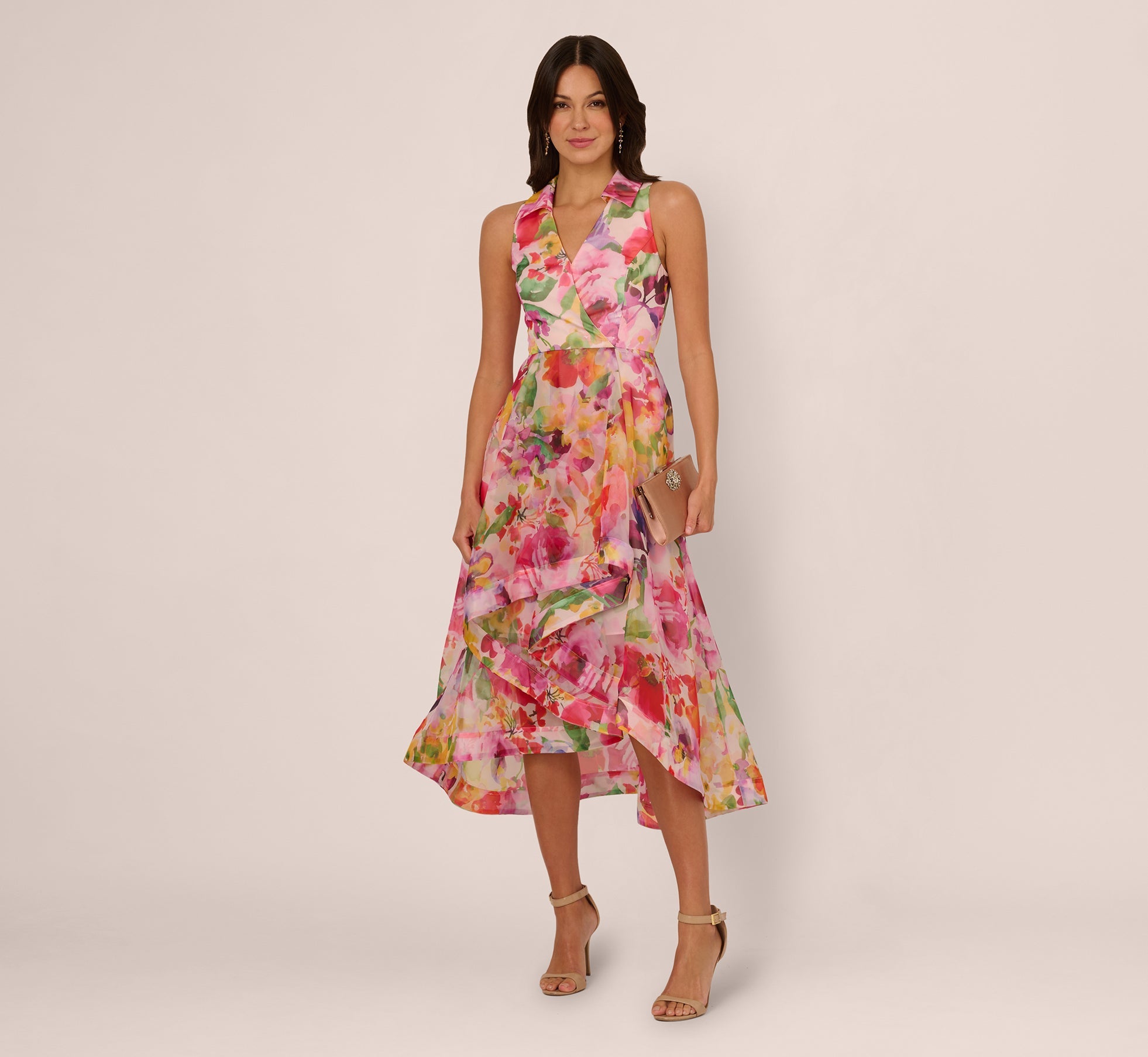 Sleeveless Floral Organza Collared High Low Dress In Pink Multi