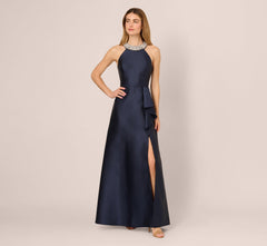 Beaded Halter Draped Mikado Gown In Midnight
