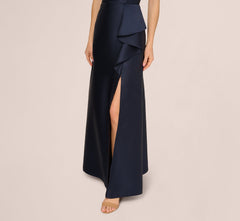 Beaded Halter Draped Mikado Gown In Midnight