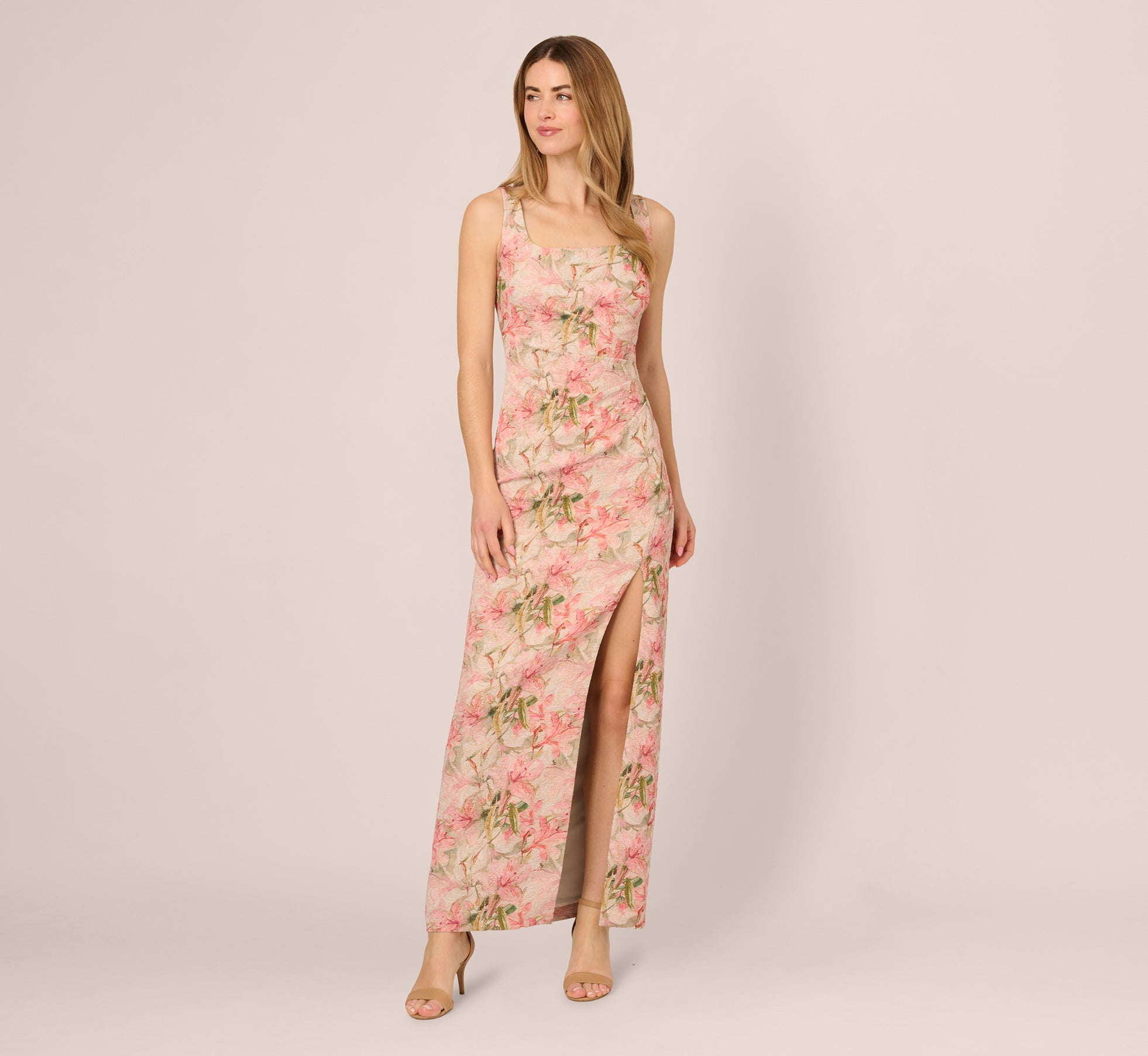 Sleeveless Metallic Floral Matelasse Gown In Coral Multi