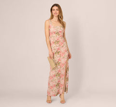 Sleeveless Metallic Floral Matelasse Gown In Coral Multi