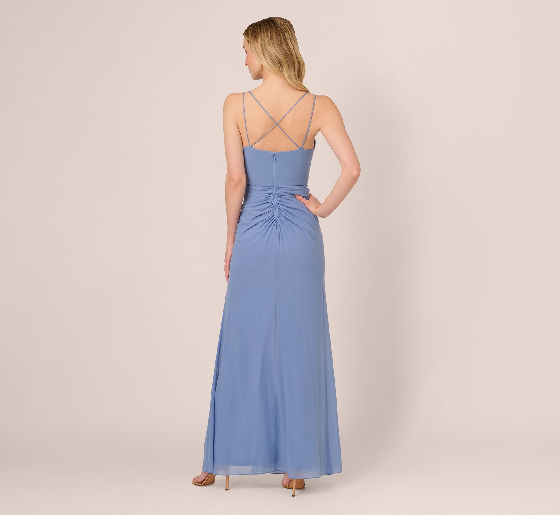 Sleeveless Mesh Gathered And Draped Gown In French Blue