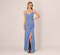 Sleeveless Mesh Gathered And Draped Gown In French Blue
