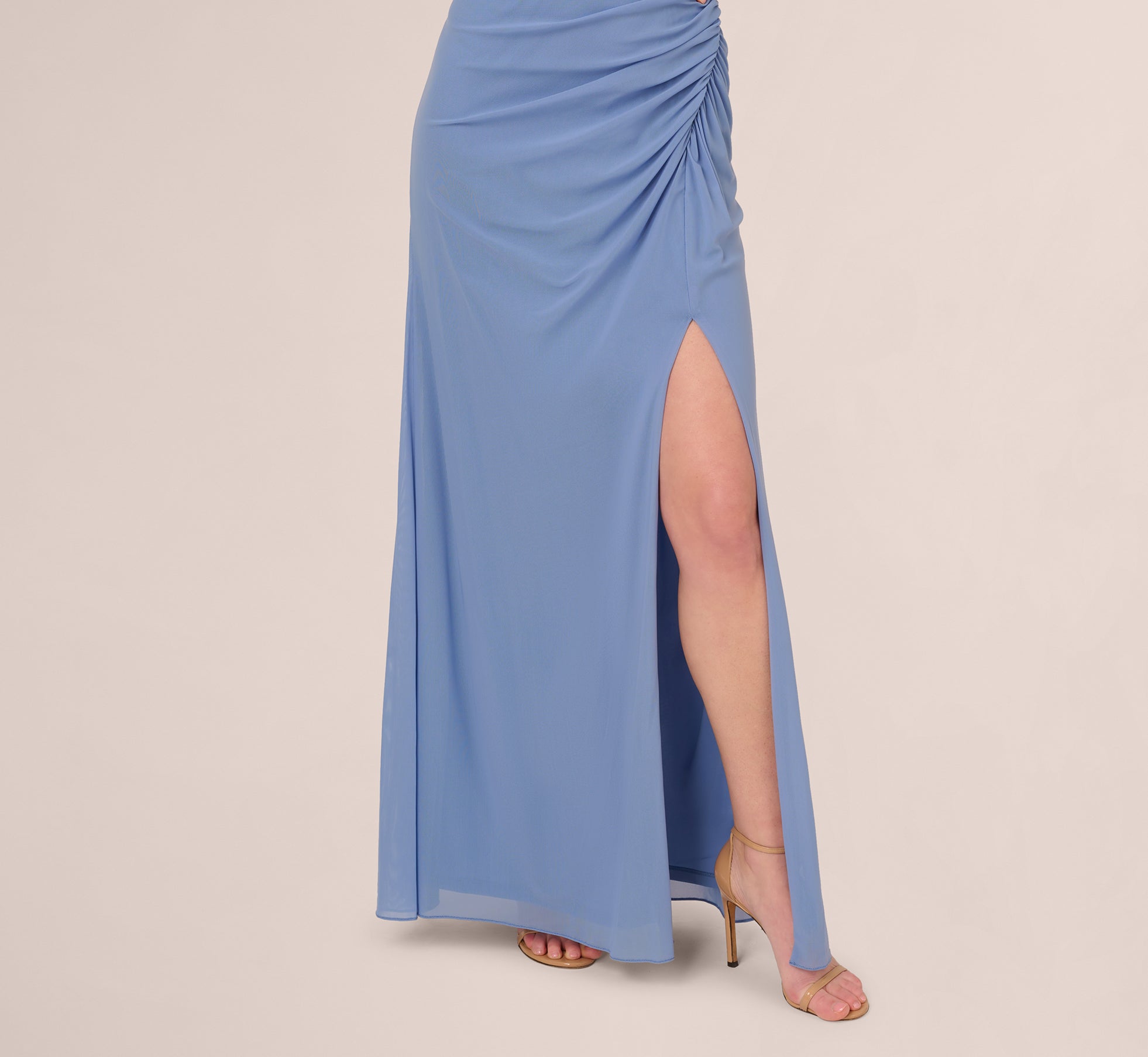 Sleeveless Mesh Gathered And Draped Gown In French Blue