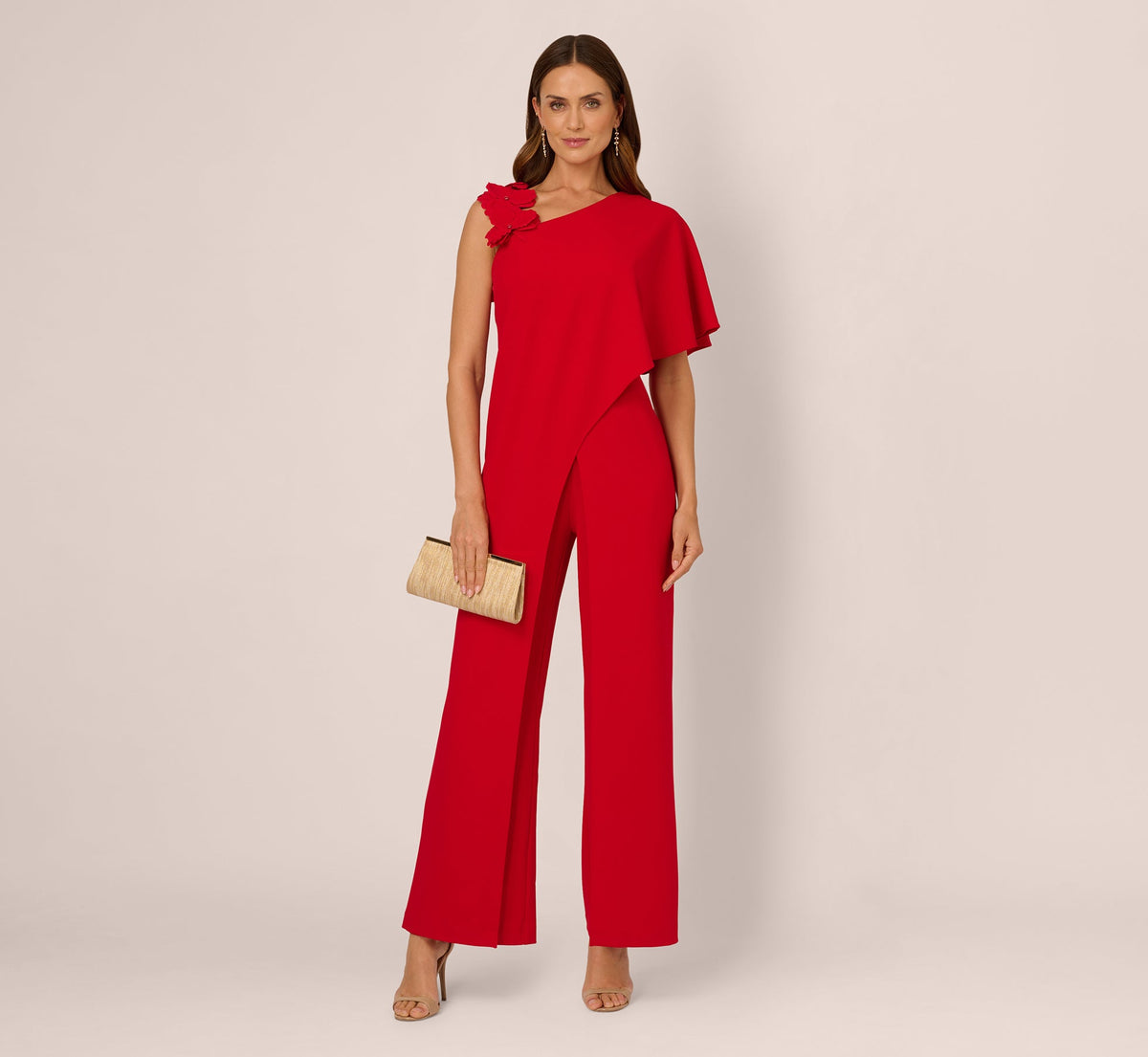 Asymmetrical 3D Floral Jumpsuit In Hot Pepper