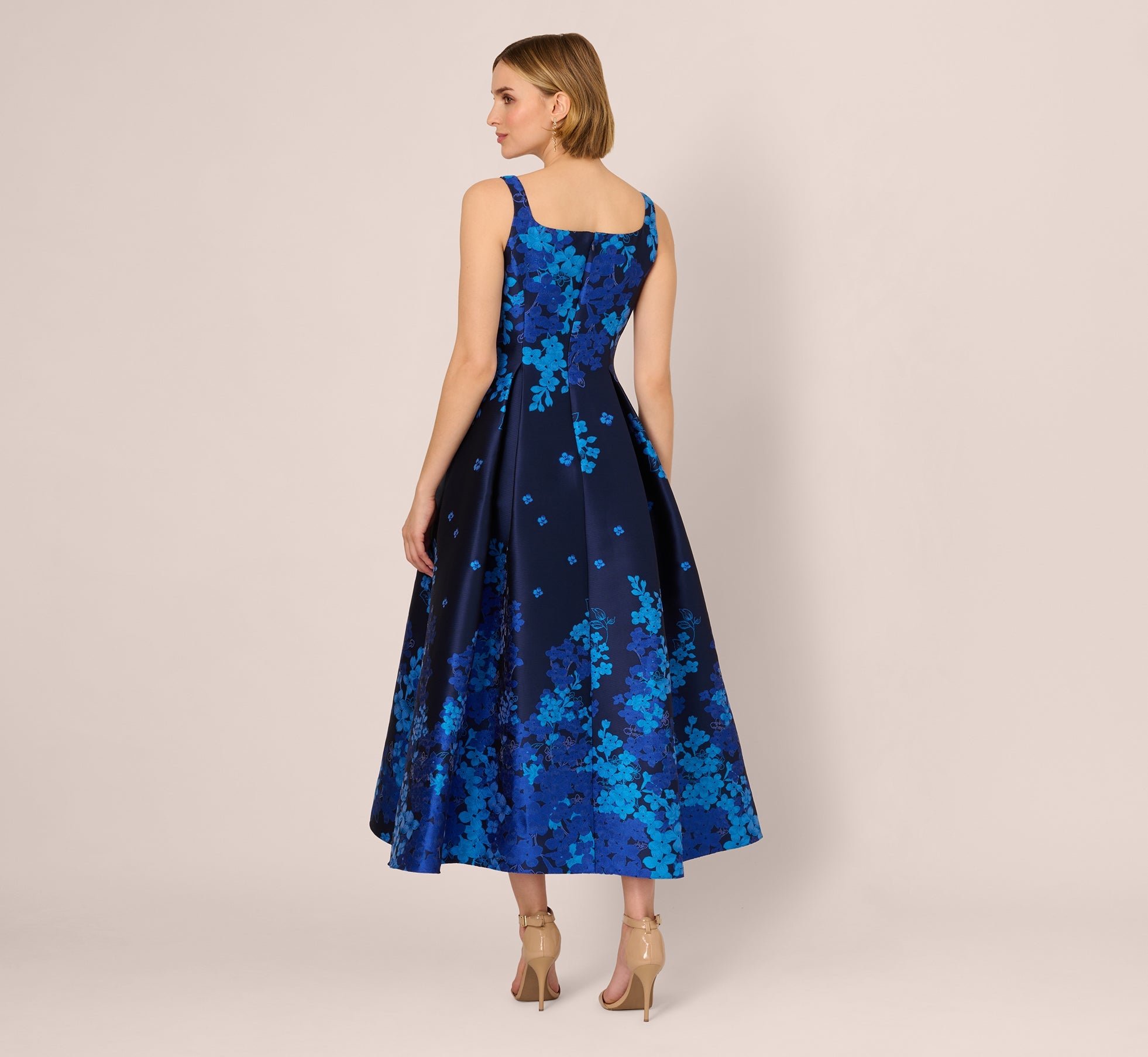 Sleeveless Square Neck Floral Jacquard Midi Dress In Blue Multi