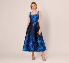 Sleeveless Square Neck Floral Jacquard Midi Dress In Blue Multi
