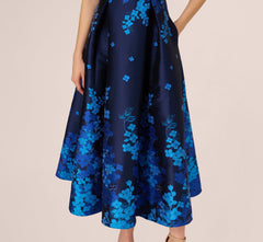 Sleeveless Square Neck Floral Jacquard Midi Dress In Blue Multi