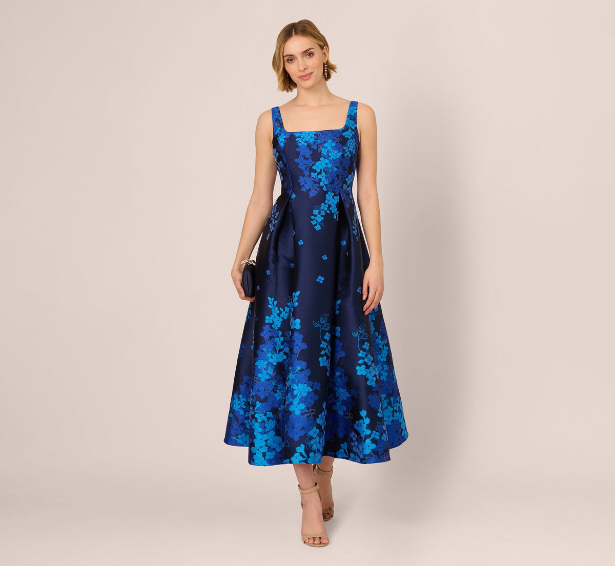 Sleeveless Square Neck Floral Jacquard Midi Dress In Blue Multi