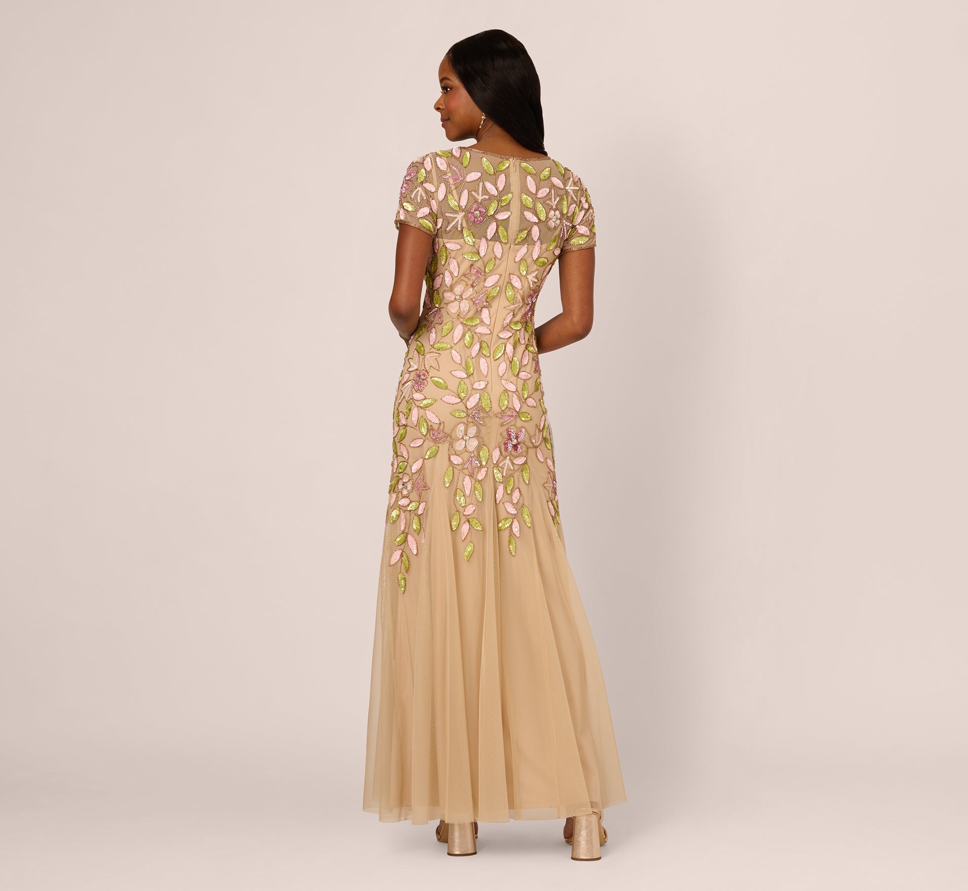 Short Sleeve Vine Beaded Godet Gown In Nude Multi
