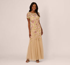 Short Sleeve Vine Beaded Godet Gown In Nude Multi