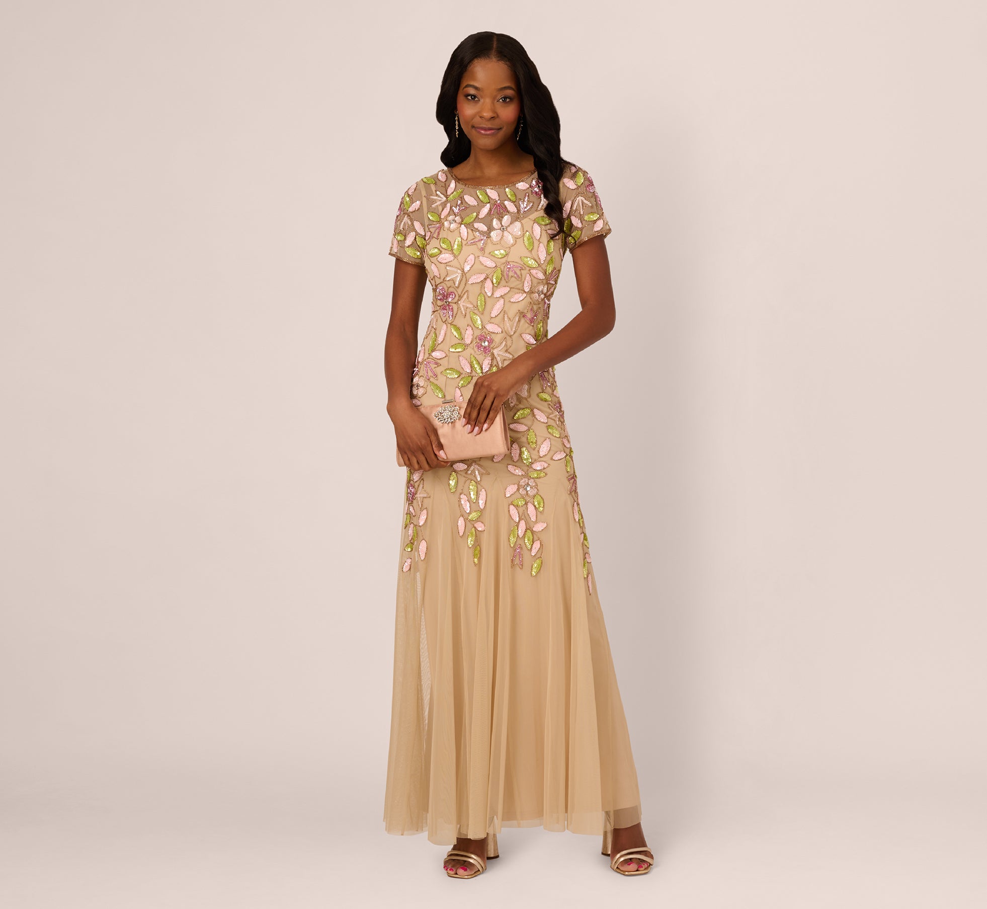 Short Sleeve Vine Beaded Godet Gown In Nude Multi