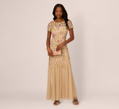 Short Sleeve Vine Beaded Godet Gown In Nude Multi
